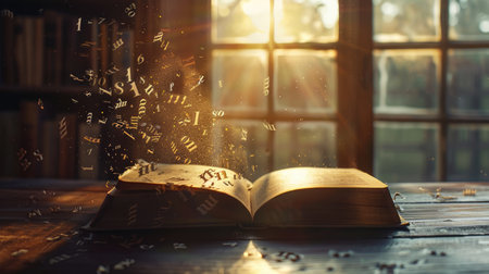 Open magic book with magic light on vintage background. open book on the background of an old library.の素材