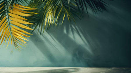 Stylish background for presentation. Palm leaf on a green surface with shadow.の素材