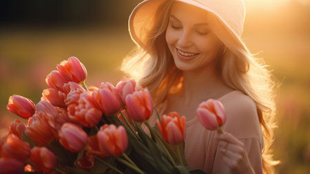 Cheerful young lady with long hair holding a bouquet of pink tulips on Women's Day, isolated on the street.の素材