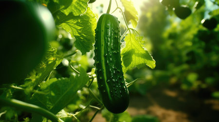 Organic growing of cucumbers. Close-up of fresh green vegetables ripeningの素材