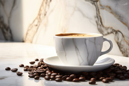 Cup of coffee and coffee beans on the table.の素材