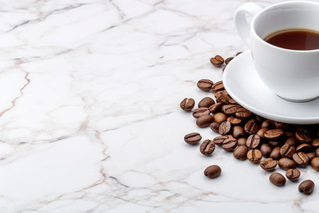 Cup of coffee and coffee beans on the table.の素材