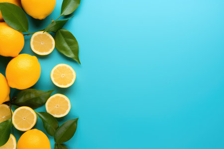 Creative background made of summer tropical fruits with leaves, grapefruit, orange, tangerine, lemon, lime on pastel yellow background. Food concept. Flat lay, top view, copy spaceの素材