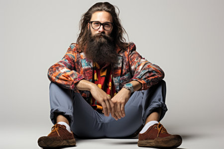 A stylish man in a bright suit with a beard sits against a background in the studioの素材