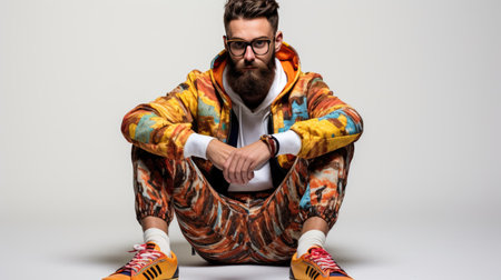 A stylish man in a bright suit with a beard sits against a background in the studioの素材