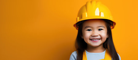 smiling little girl wearing a construction helmet on a yellow background with copy space. construction concept. Advertising for a hardware store. bannerの素材