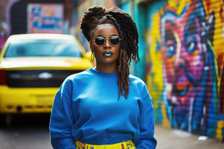 fashionable black woman on an alley with graffiti background.の素材