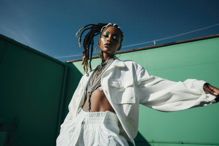 fashionable african american woman with dreadlocks in white sportswear posing motion on green wall.Fashion, casual and leisure wearの素材