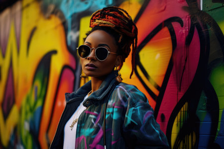 fashionable black woman on an alley with graffiti background.の素材