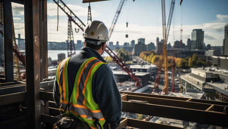 Background: A worker wearing a hard hat and safety vests walks through the construction site of an industrial building. In the background there is a crane, concrete frames of a skyscraperの素材