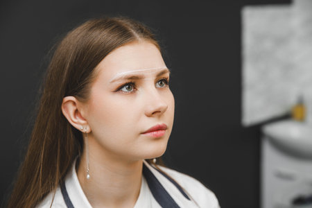 The master marks the eyebrows with thread. Permanent makeup. Permanent eyebrow tattoo.の写真素材