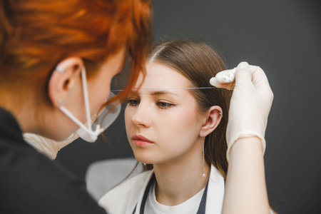 The master marks the eyebrows with thread. Permanent makeup. Permanent eyebrow tattoo.の写真素材