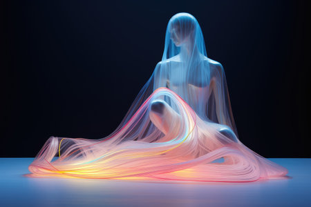 3D rendering, abstract linear art portrait of a woman glowing with colorful neon light on a black backgroundの素材