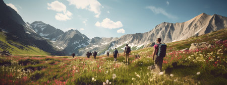 hiking, travel, adventure holidays, group tourists, outdoor hiking, healthy lifestyle, eco-tourism. group of tourists in the mountains.bannerの素材