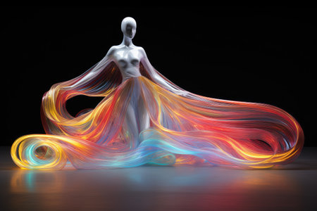 3D rendering, abstract linear art portrait of a woman glowing with colorful neon light on a black backgroundの素材