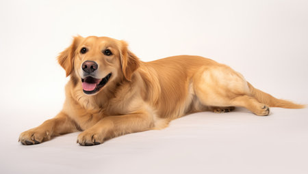Young Labrador retriever lying on a white backgroundの素材