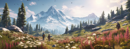 hiking, travel, adventure holidays, group tourists, outdoor hiking, healthy lifestyle, eco-tourism. group of tourists in the mountains.bannerの素材