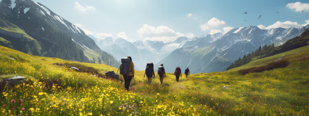 hiking, travel, adventure holidays, group tourists, outdoor hiking, healthy lifestyle, eco-tourism. group of tourists in the mountains.bannerの素材