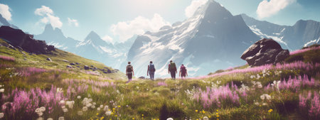 hiking, travel, adventure holidays, group tourists, outdoor hiking, healthy lifestyle, eco-tourism. group of tourists in the mountains.bannerの素材