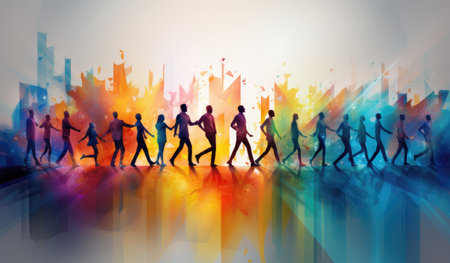 Silhouettes of walking people on a white background with multi-colored paints.の素材