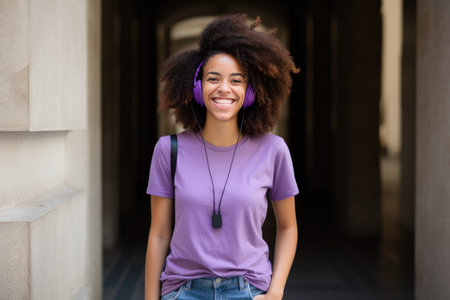 portrait of a happy African American woman with headphones leaning against the wall.の素材