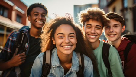 portrait on the street - Smiling guys and girls students on the street - Concept of a happy lifestyle and friendship.の素材