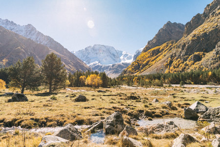 Adyrsu Gorge. Mount Ullu-Tau. Beautiful view of the raging mountain river. Nature and travel. Russia, Caucasus, Kabardino-Balkariaの写真素材