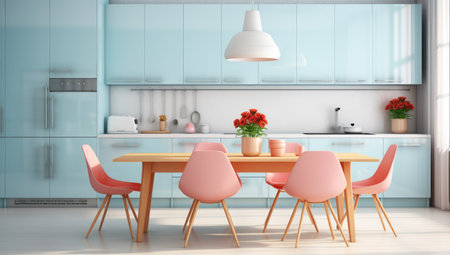 blue kitchen with pink chairs. modern interior.の素材