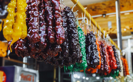 churchkhela, Georgian food. selective focus. Chupchkhela of different colors and flavors is sold at the bazaar.の写真素材