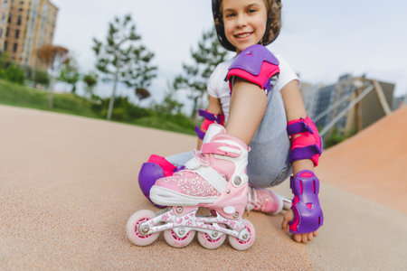 A little curly-haired girl sits in a roller-skating helmet and armbands.の写真素材
