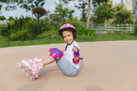 A little curly-haired girl sits in a roller-skating helmet and armbands.の写真素材