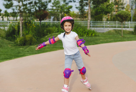 A little curly-haired girl rollerskates within the necessary facilities in the city. In a helmet and...