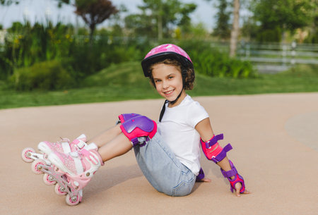 A little curly-haired girl sits in a roller-skating helmet and armbands.の写真素材
