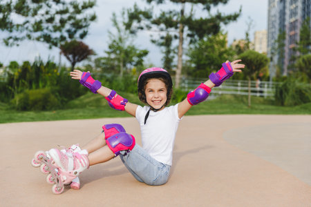 A little curly-haired girl sits in a roller-skating helmet and armbands.の写真素材