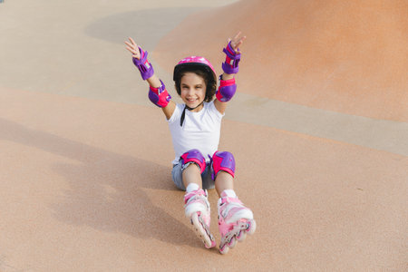 A little curly-haired girl sits in a roller-skating helmet and armbands.