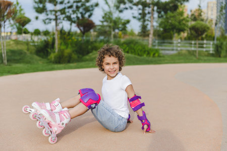A little curly-haired girl sits in a roller-skating helmet and armbands.