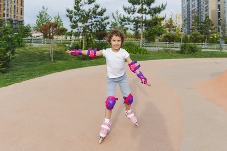 A little curly-haired girl rollerskates within the necessary facilities in the city. In a helmet and...