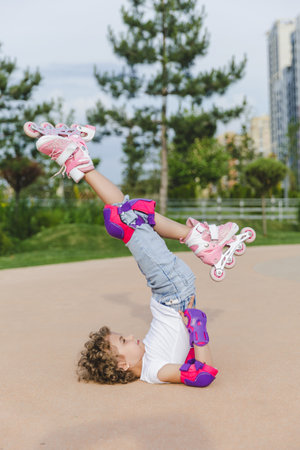 girl on roller skates performing acrobatic exercisesの写真素材
