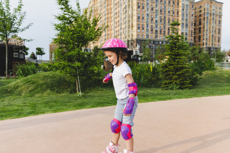 A little curly-haired girl rollerskates within the necessary facilities in the city. In a helmet and armbandsの写真素材