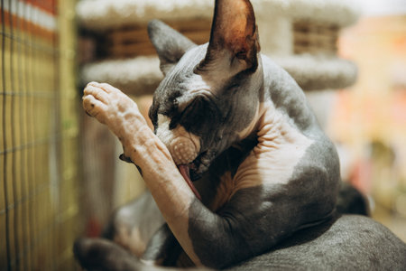 A Sphynx cat licks his paw after a tasty dinner. A close-up of a bald cat licking his paw.