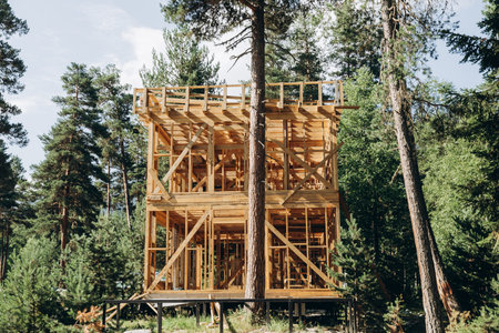 A residential wooden frame house under construction, located in the forest. The beginning of a new...