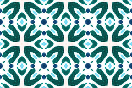 Zellige Pattern. Retro Artwork. Tunisian Tapestry Arrangement. Decorative Curtain Repeat. Turkish Psychedelic Allover. Blue, Green, Red Kitchen Floor and Wall Tile.の写真素材