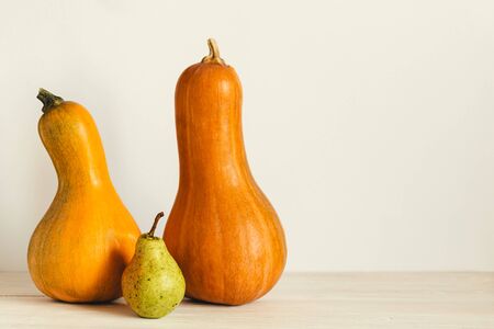 Two ripe organic  pumpkin and pear on a pastel beige background. Minimal eco concept for Thanksgiving card or background. Place for text.の写真素材