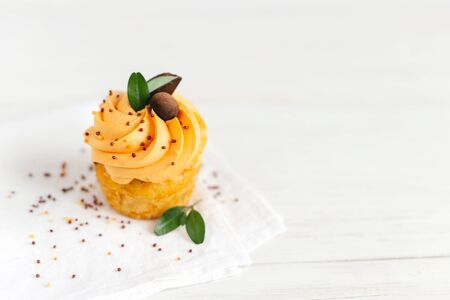 Tasty pumpkin cupcake with orange cream and decoration on white wooden table. Place for text. の写真素材