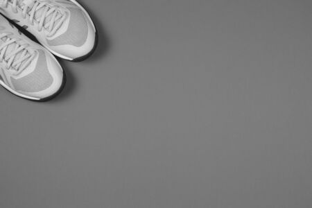Light grey sneakers on the grey background. Concept for healthy lifestyle and everyday training.  Place for text. の写真素材