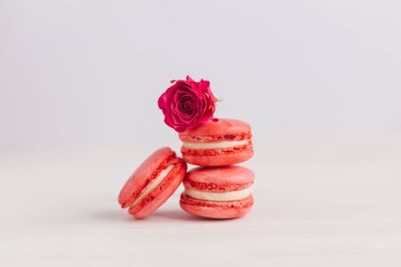 Tasty french macaroons with pink rose on a white background.  Place for text.の写真素材