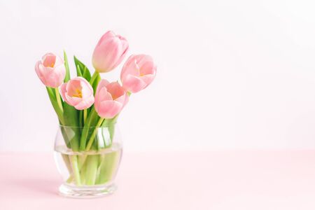 Tender pink tulips in a vase. Greeting card for Mother's day.  Place for text. の写真素材