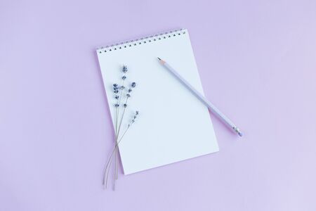 Notebook with blank page, pencil and lavander on a violet background. Flat lay. Place for text. の写真素材