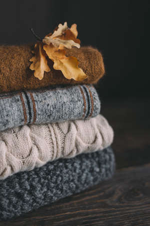 Cozy hand knitted knitwear with dry oak leaves on a dark background. Autumn background for slow homelife.の写真素材
