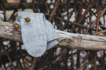 A pair of gray hand knitted socks on a dark rustic background. Natural colors.の写真素材